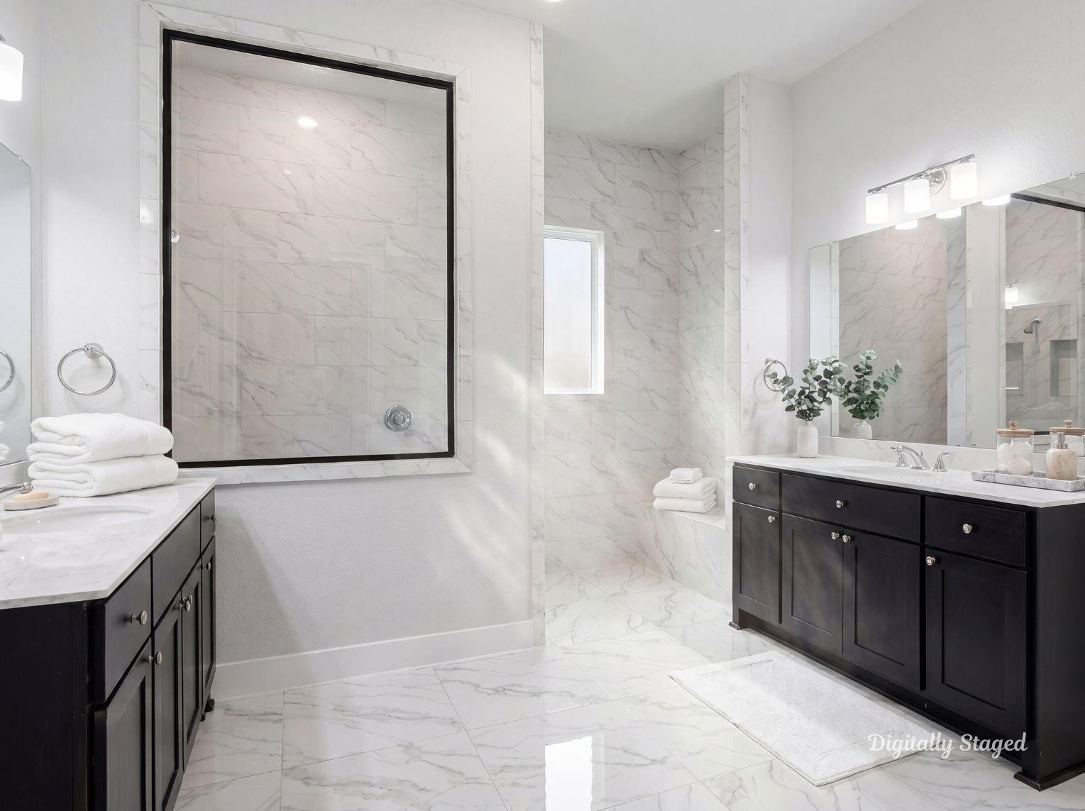 1715 Divino Pass, Conroe, TX 77304 A luxurious primary bathroom
showcasing dual vanities with dark
cabinetry, marble-look tile flooring,
and a seamless transition into a
large walk- in shower. This photo has
been digitally staged to illustrate the
possibilities of the homes aesthetic
and potential design. Some
furnishings and dcor shown are for
visual inspiration.