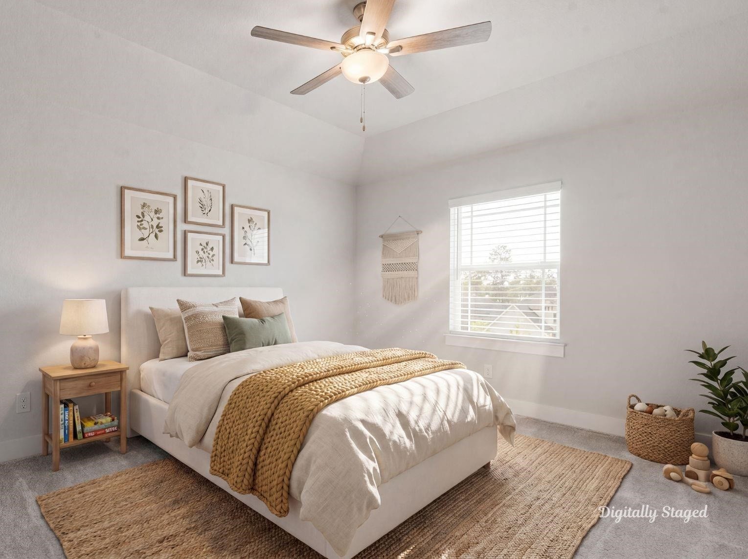 1715 Divino Pass, Conroe, TX 77304 A bright and cozy bedroom complete
with neutral carpeting, a ceiling fan,
and a large window that floods the
space with natural light. This photo
has been digitally staged to illustrate
the possibilities of the homes
aesthetic and potential design. Some
furnishings and dcor shown are for
visual inspiration.