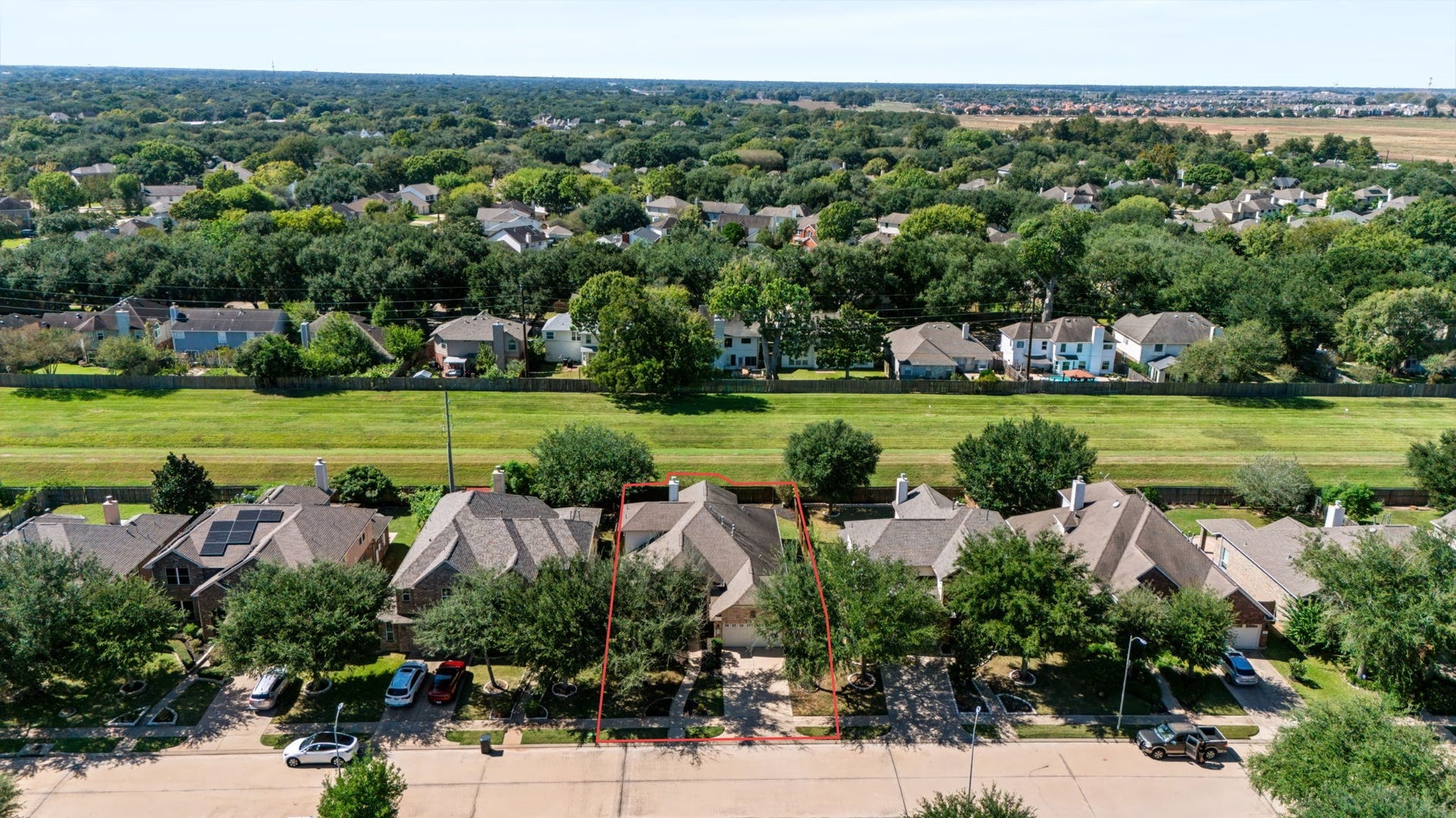 314 Trillium Drive, Sugar Land, TX 77479 Bird's-eye view highlighting the green space behind the home.