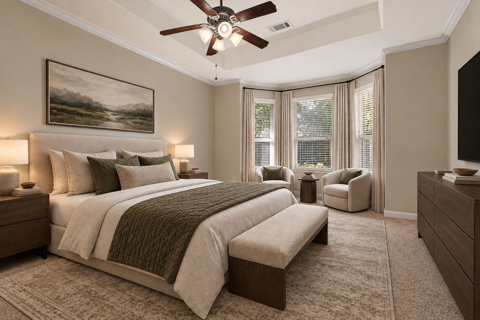 314 Trillium Drive, Sugar Land, TX 77479 The primary suite features a dramatic recessed ceiling, windows overlooking the secluded backyard, and an en suite bathroom.