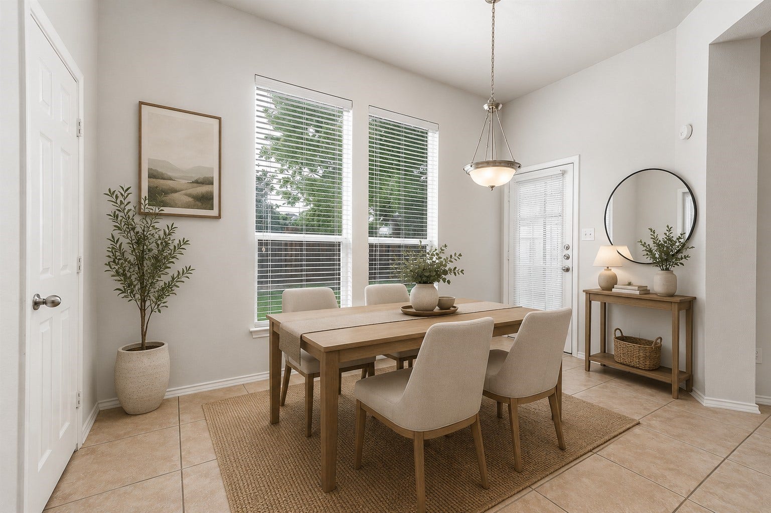 14923 ATMORE Place Dr, Houston, TX 77082 This bright, open space features large windows with blinds, a modern pendant light, and neutral tile flooring. Includes a door leading outside, enhancing natural light and accessibility. Virtually staged to inspire design possibilities