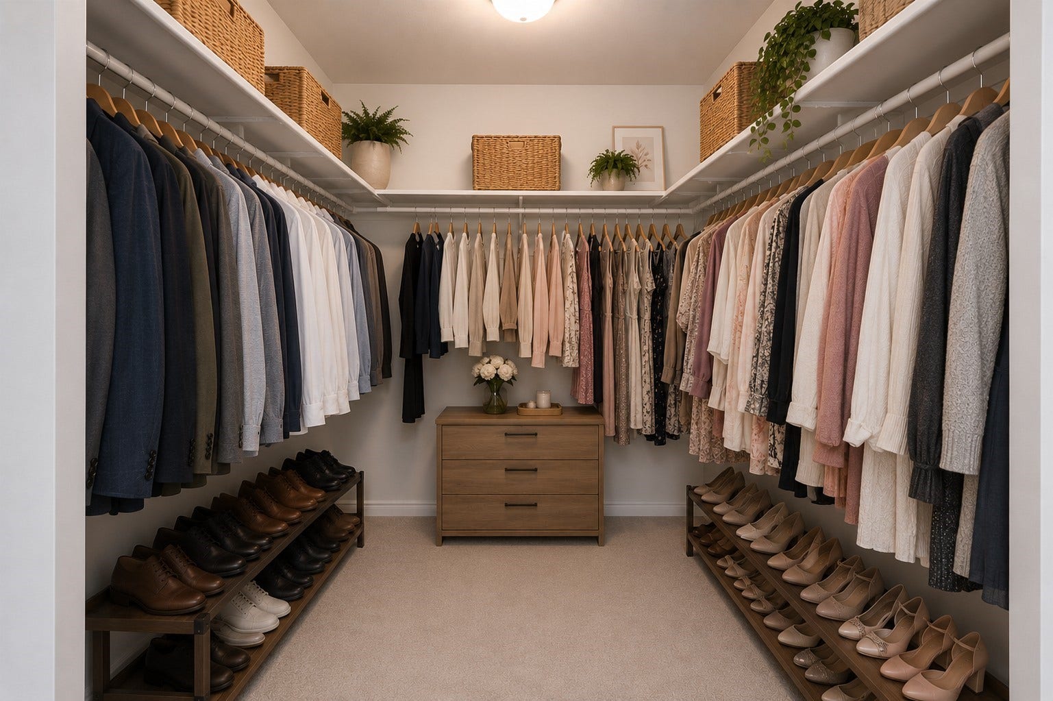 14923 ATMORE Place Dr, Houston, TX 77082 This spacious, well-lit walk-in closet features dual hanging rods and carpeted flooring, perfect for ample storage and organization. Virtually staged to inspire design possibilities
