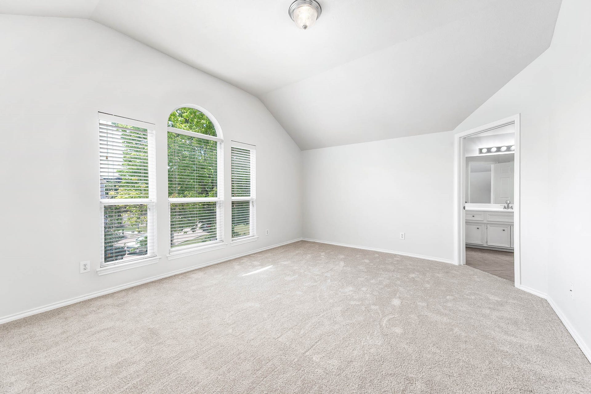14923 ATMORE Place Dr, Houston, TX 77082 spacious bedroom features a vaulted ceiling, large arched window with views of outdoors greenery, new plush carpeting. An en-suite bathroom is conveniently accessible, adding comfort and privacy.
