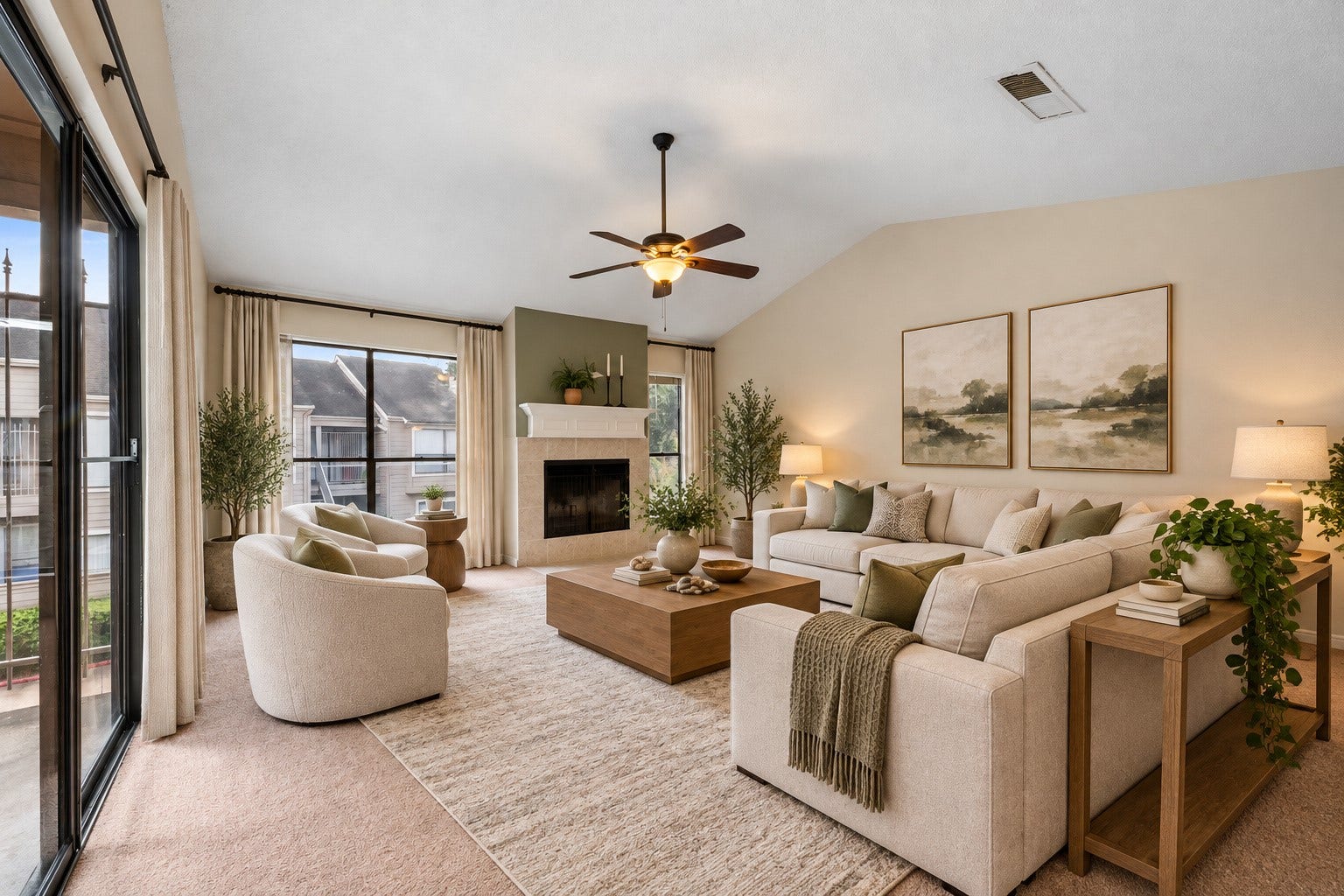 6701 Sands Point Drive, #61, Houston, TX 77074 Living room with fire place.
(Virtually staged)