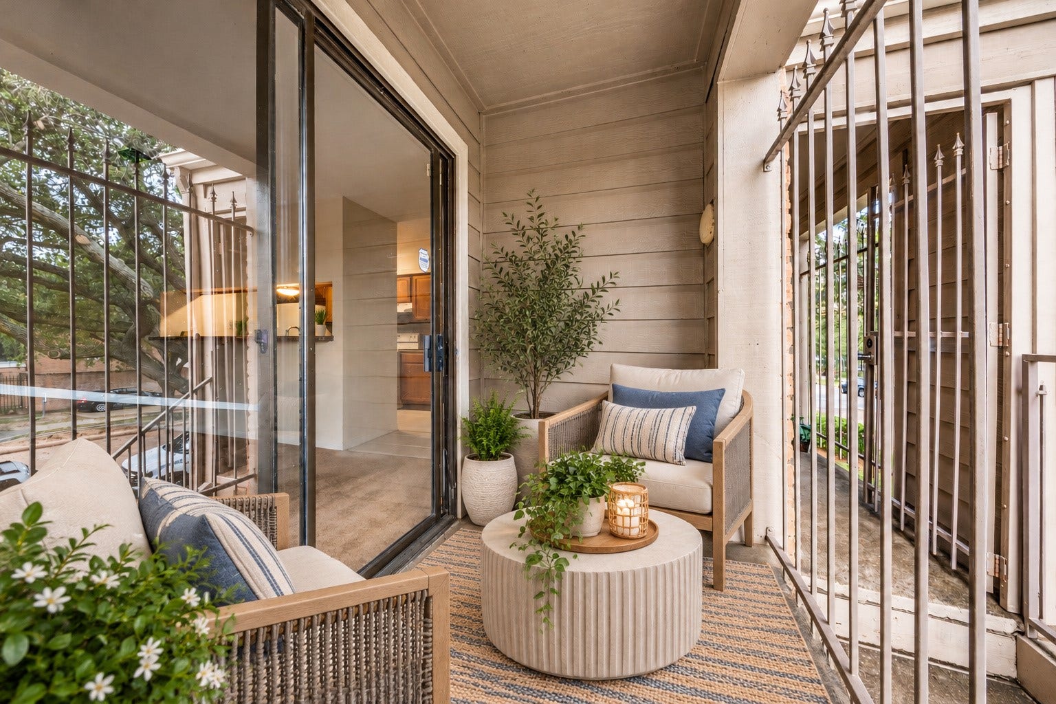 6701 Sands Point Drive, #61, Houston, TX 77074 Covered patio.
(Virtually staged)