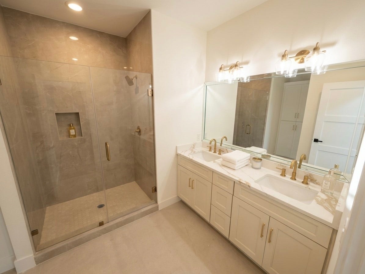 102 Sylvester Road, #C, Houston, TX 77009 Elegant bathroom featuring a spacious glass-enclosed shower and a dual-sink vanity with sleek brass fixtures, providing a luxurious and modern feel.