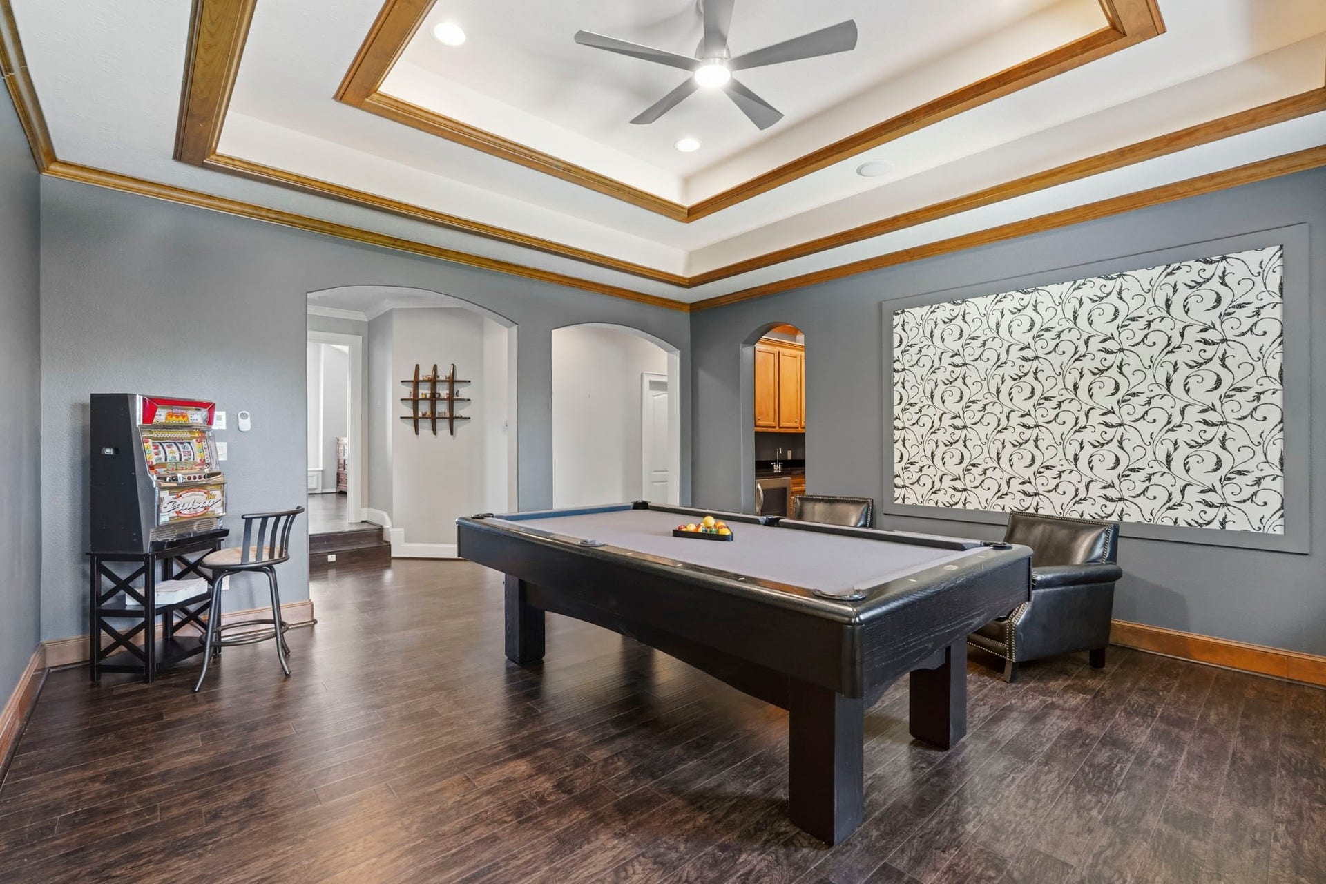 7611 Kings River Lane, Humble, TX 77346 Additional view showcases the game room's impressive scale, architectural ceiling detail and dedicated space for entertaining.