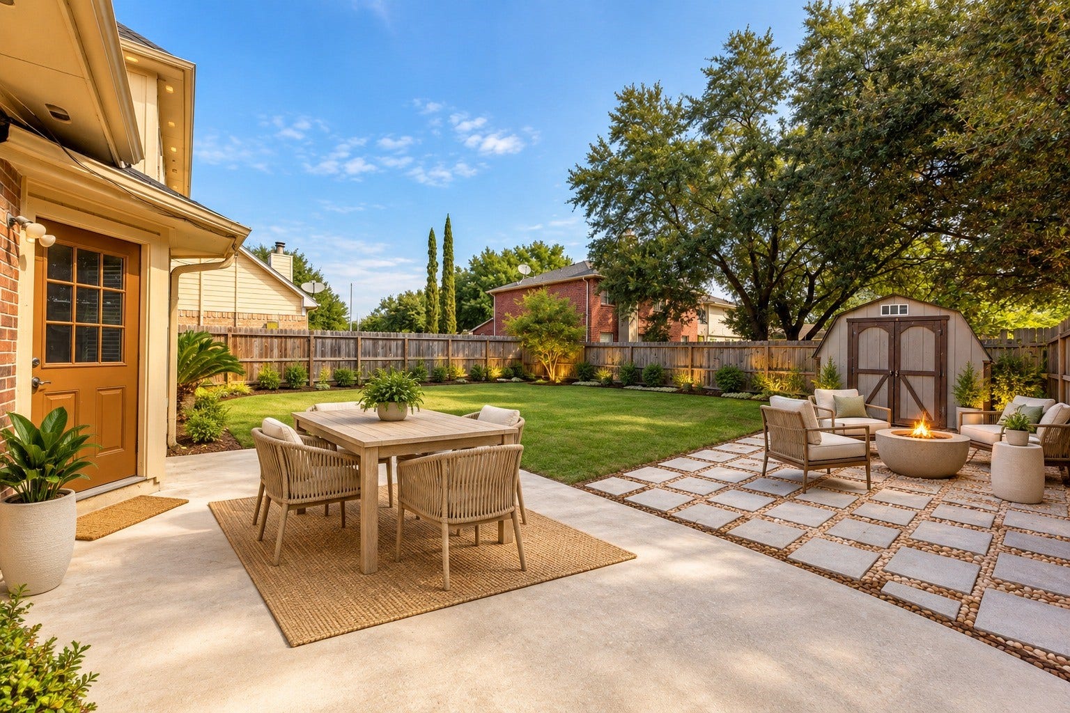 Enjoy outdoor living in this spacious, fully fenced backyard featuring a concrete patio, charming stone-paver seating area, mature shade trees, and a convenient storage shed. A welcoming setting with plenty of space for outdoor dining, relaxing evenings, and entertaining family and friends. VIRTUAL STAGING.