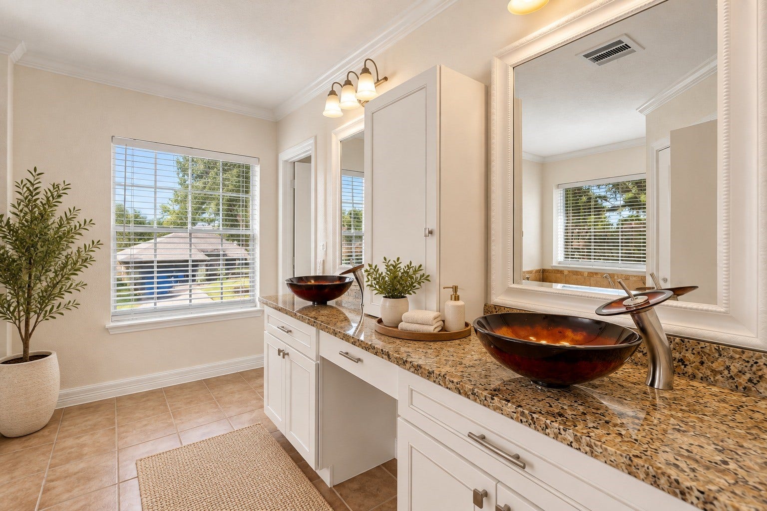 Bright and spacious primary bathroom featuring a double vanity with granite countertops, distinctive vessel sinks, white cabinetry, elegant framed mirrors, and abundant natural light. A welcoming space designed for everyday comfort. VIRTUAL STAGING