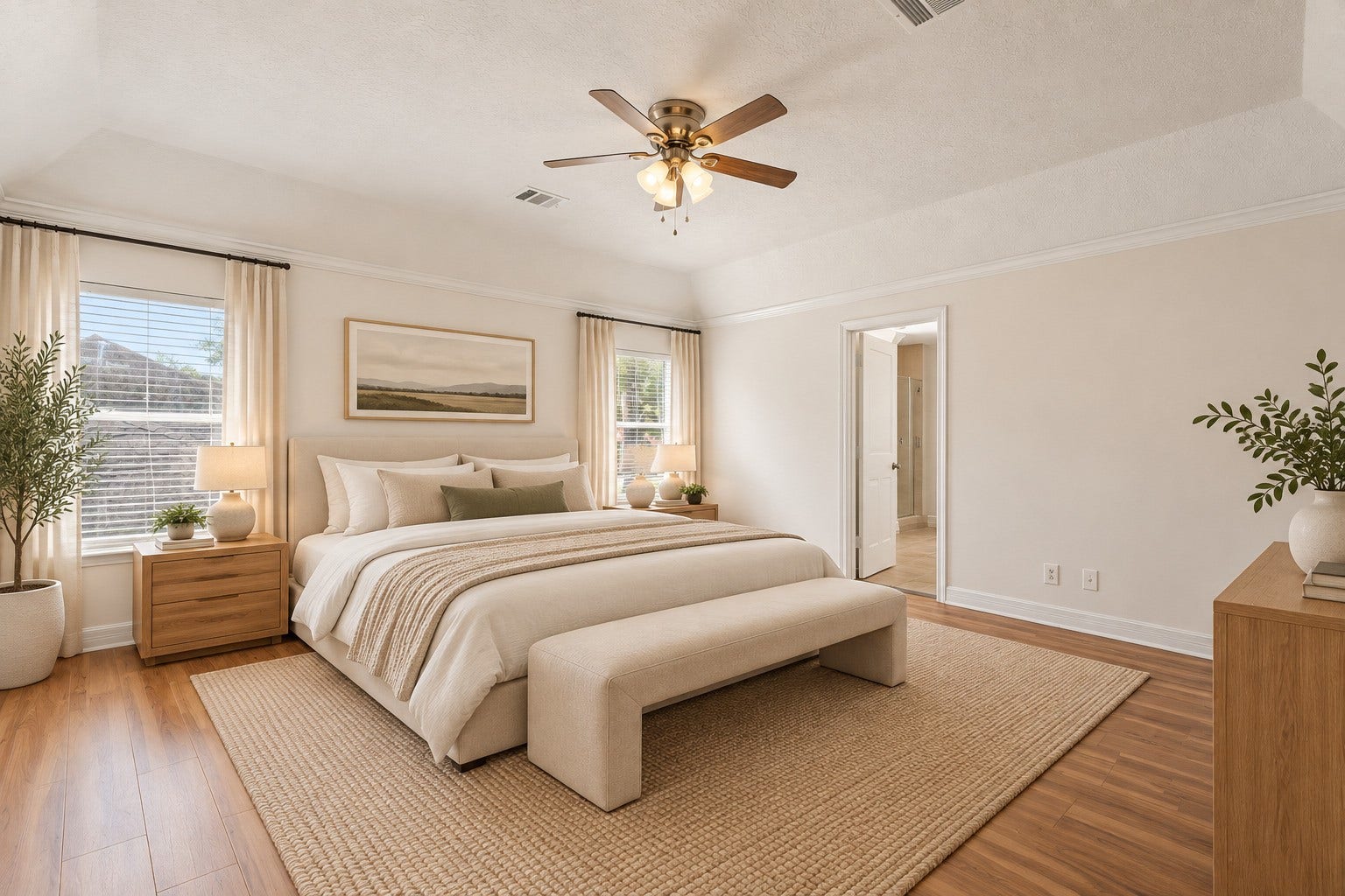 Spacious and inviting primary suite featuring warm wood-look flooring, abundant natural light, a ceiling fan, and a private en-suite bathroom. A peaceful retreat with plenty of room to relax and unwind. VIRTUAL STAGING.