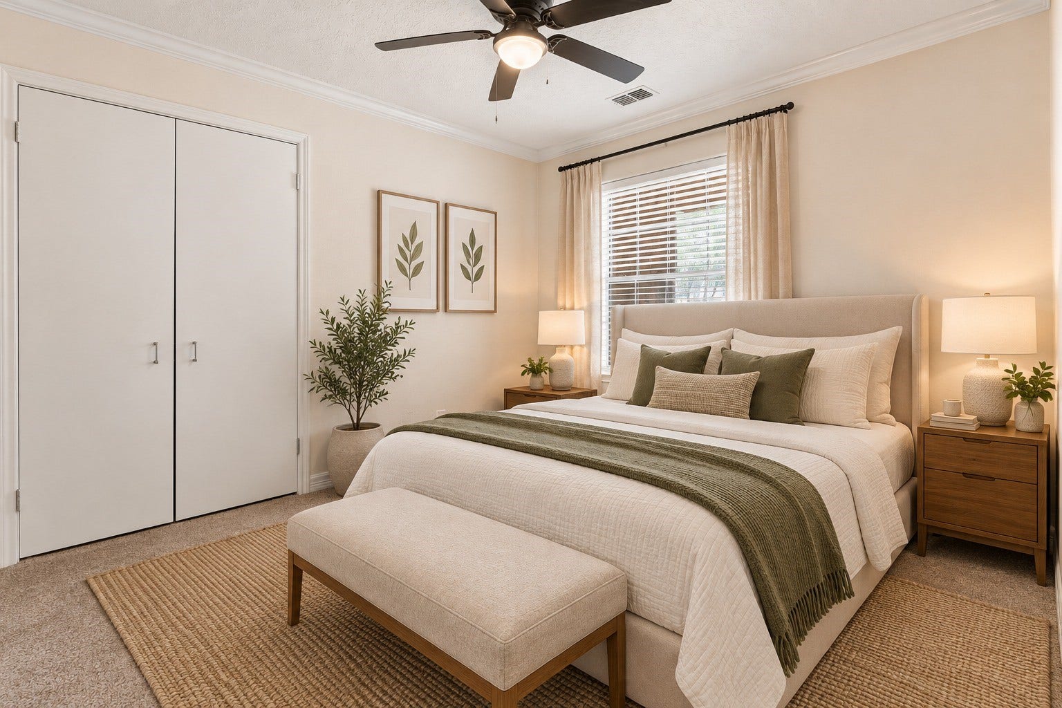 Bright and inviting secondary bedroom featuring soft carpeting, a ceiling fan, generous closet space, and natural light. A comfortable and versatile space, perfect for family, guests, or a home office. VIRTUAL STAGING