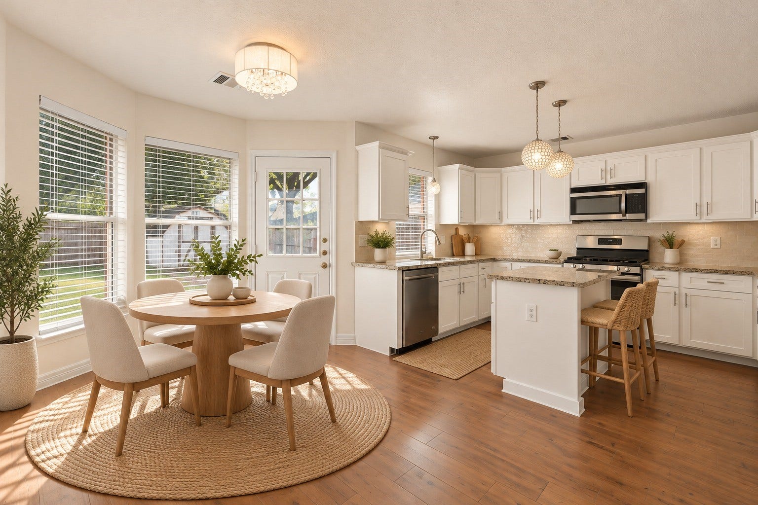A bright, inviting kitchen and breakfast area featuring white cabinetry, granite countertops, stainless steel appliances, and a breakfast island. Natural light fills the charming breakfast nook, complemented by warm wood-look flooring and views of the backyard. VIRTUAL STAGING