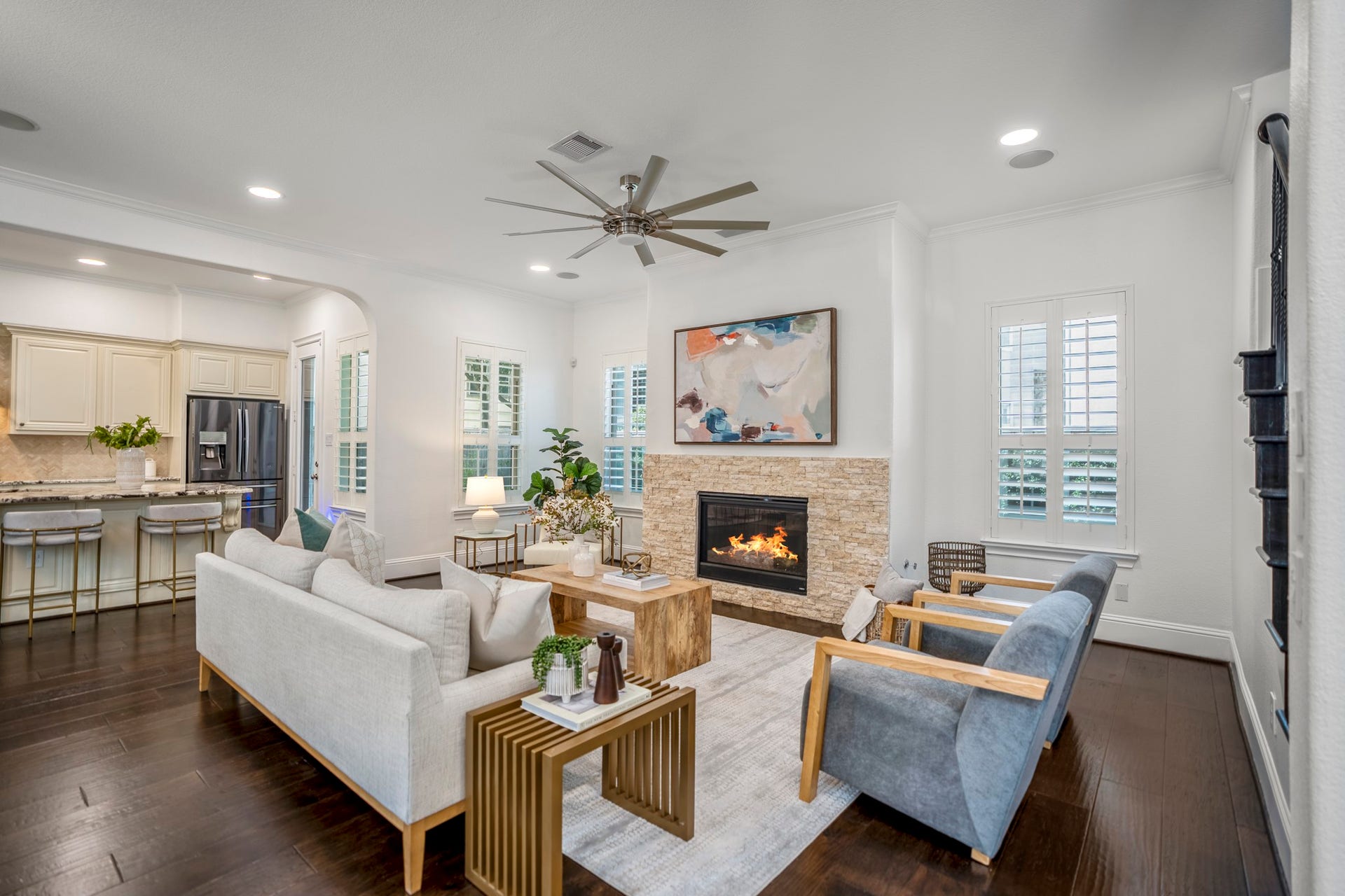 Imagine movies and game nights during the holidays in this cozy fire-lit living room.