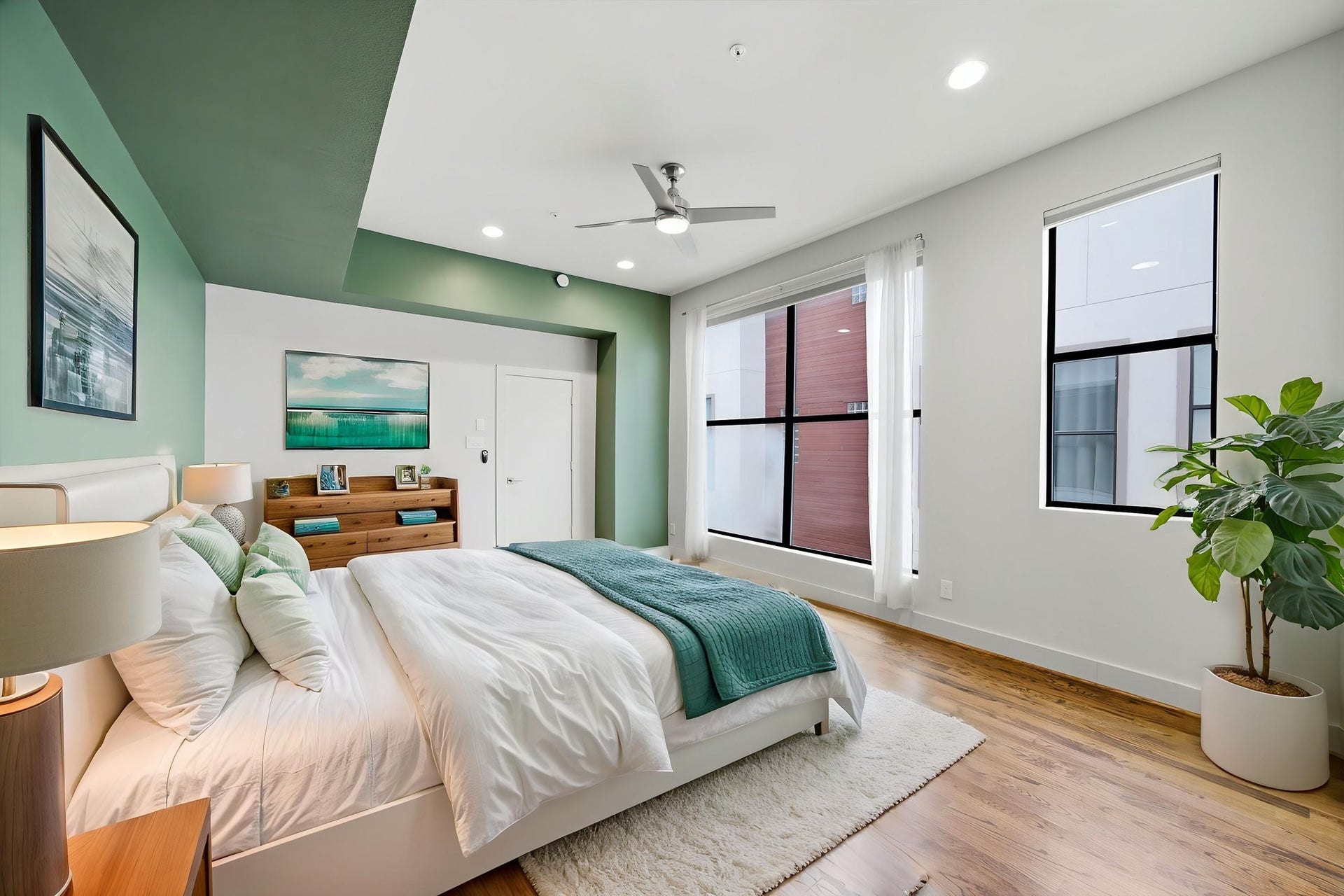 1215 Summer Street, #C, Houston, TX 77007 3rd floor - This is your Primary Bedroom OASIS! HUGE WINDOWS letting in so much natural light! Deep green paint and WOOD floors anchoring the space! Virtually staged