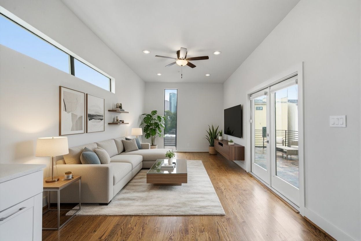 1215 Summer Street, #C, Houston, TX 77007 4th floor - game room + HUGE ROOFTOP DECK with DOWNTOWN views! There is also a half bath on this floor, making it super convenient whilst entertaining friends and family. Virtually staged