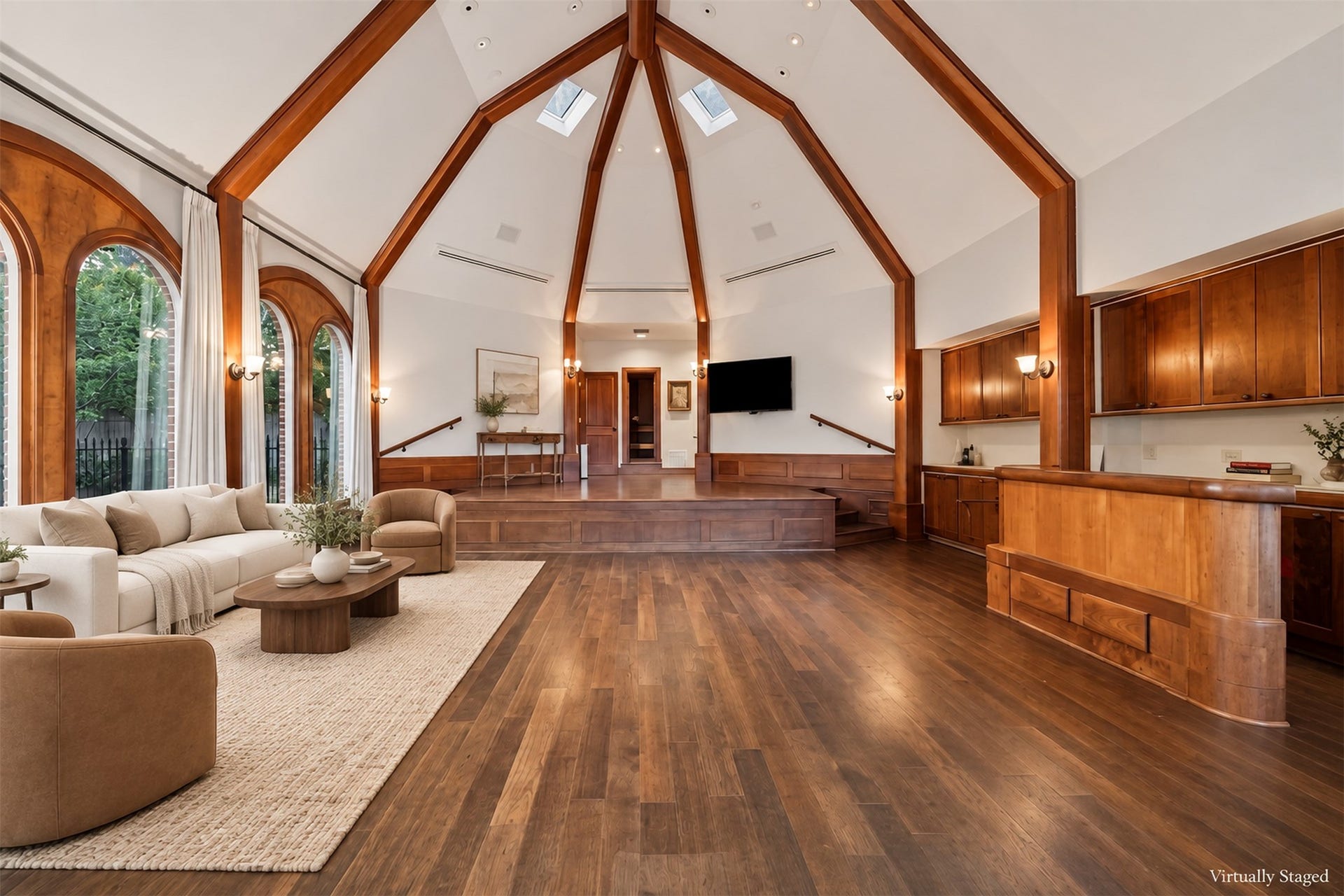 14 Stonegate Drive, Houston, TX 77024 Virtually Staged - Pool house presents endless possibilities currently fitted with a kitchenette, stage, full bath, sauna, and changing room.