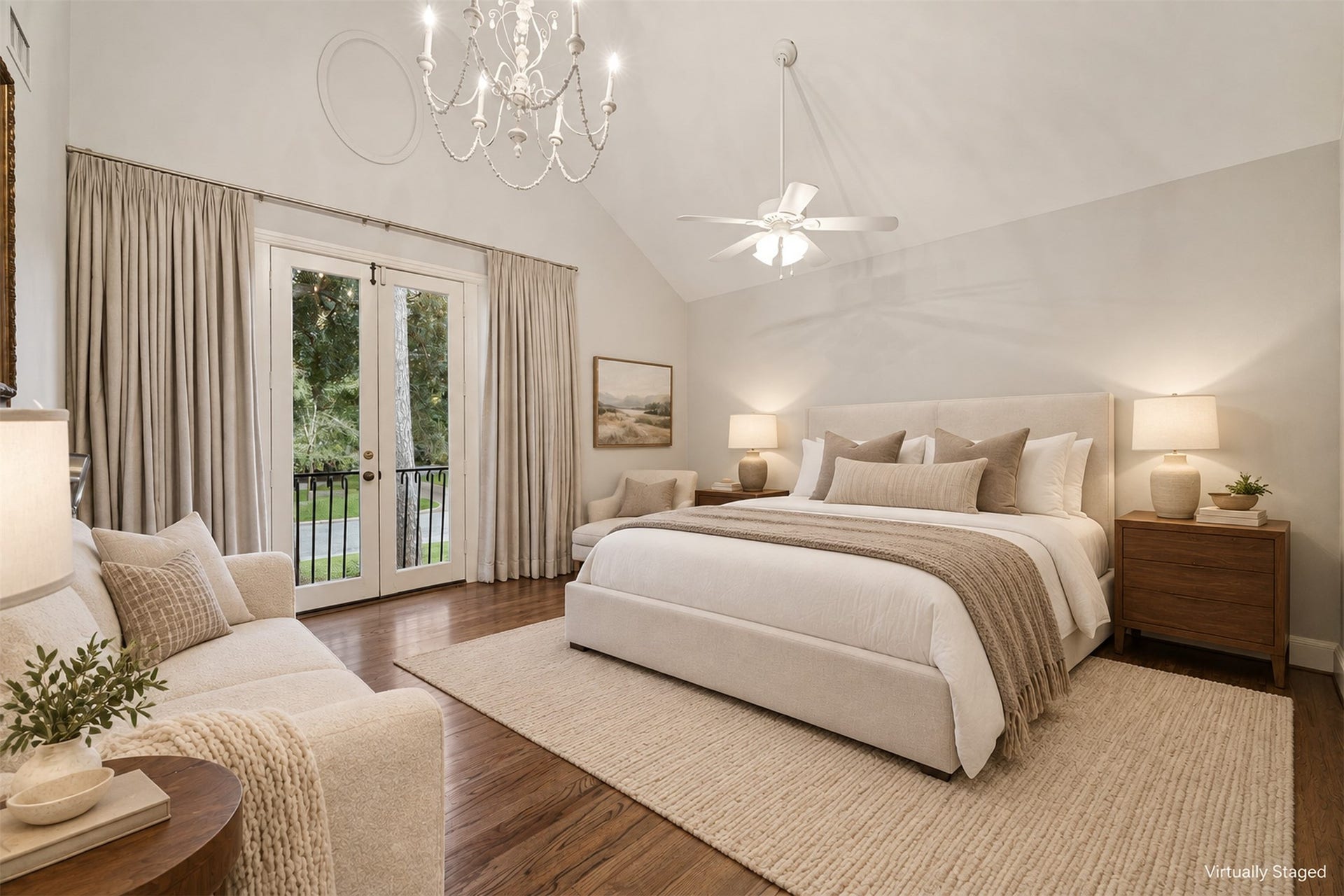 14 Stonegate Drive, Houston, TX 77024 Virtually Staged -Secondary bedroom with vaulted ceilings, a graceful chandelier, wood floors and a walk-in closet.