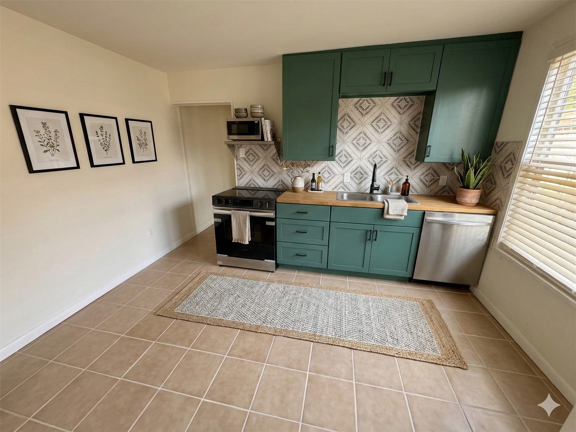 5129 Claremont Street, Houston, TX 77023 Unit 2: Super cute kitchen with new stainless steel new appliances, new cabinets, new backsplash, and butcherblock countertops. Digitally staged.