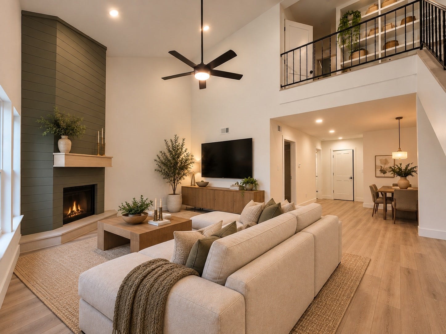 14309 Misty Meadows Lane, Houston, TX 77079 Vaulted ceilings, customized fireplace, grand living room has been virtually staged.