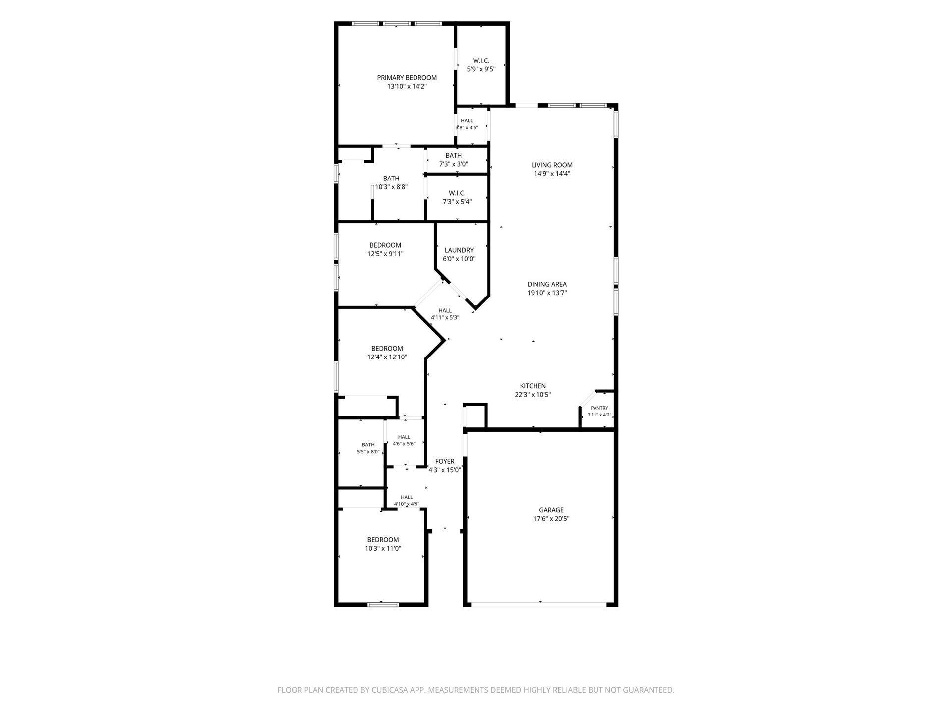 Floor plan showcasing a functional single-story layout with spacious living and dining areas, four bedrooms, multiple baths, indoor laundry, walk-in closets, and attached two-car garage.
