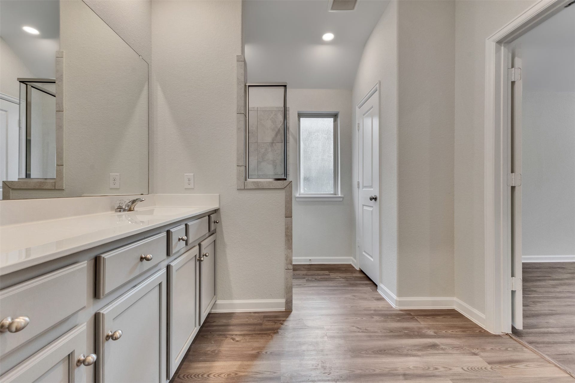 Primary bathroom featuring a spacious vanity, separate walk-in shower, vinyl plank flooring, and recessed lighting.