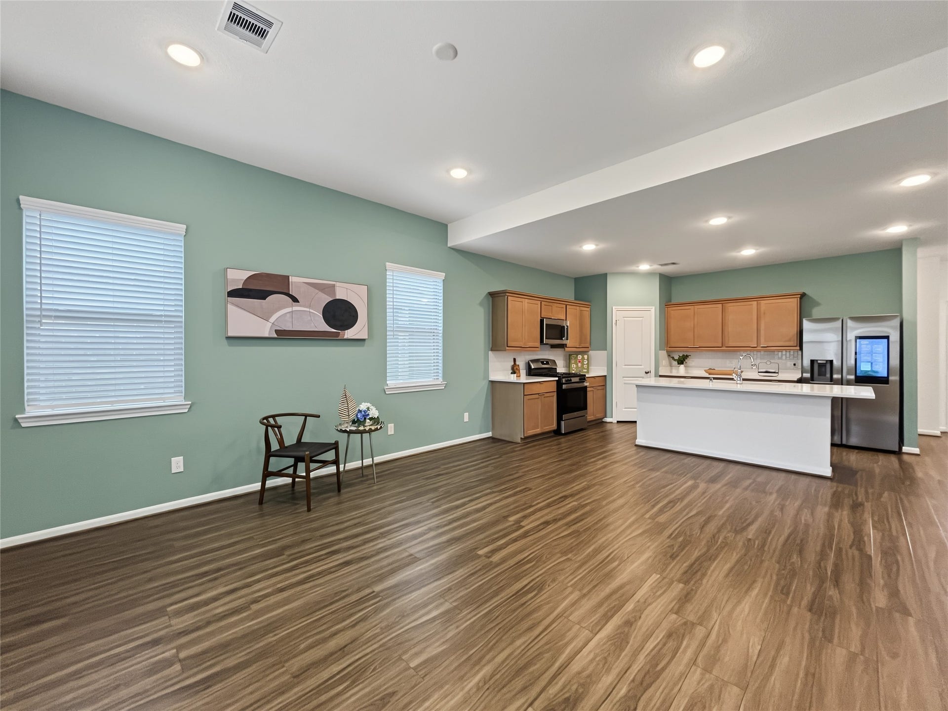 View from the family and living area to the kitchen.