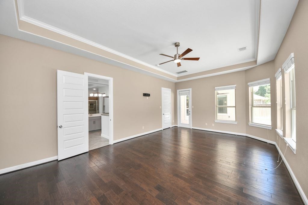 4035 Ashland Woods Drive, Spring, TX 77386 The primary suite has private access to the covered back patio and pool area.