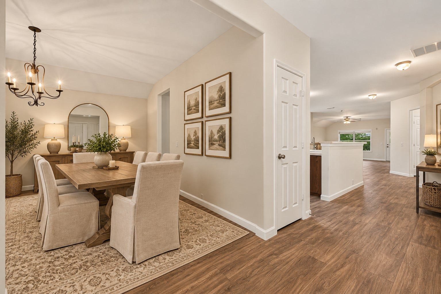 Front room virtually staged as dining