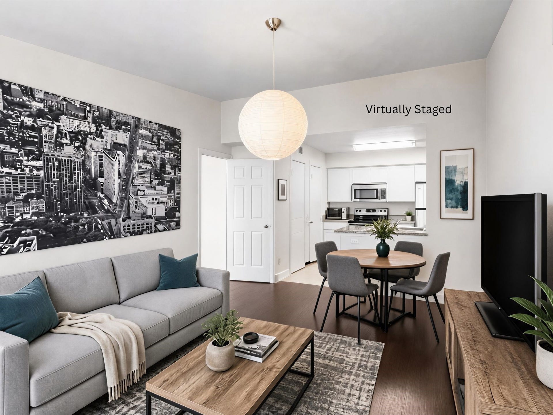 3900 Woodchase Drive, #162, Houston, TX 77042 Virtually staged for visualization purposes only; furnishings are not included. Open-concept area provides flexibility for defining both living and dining spaces.
