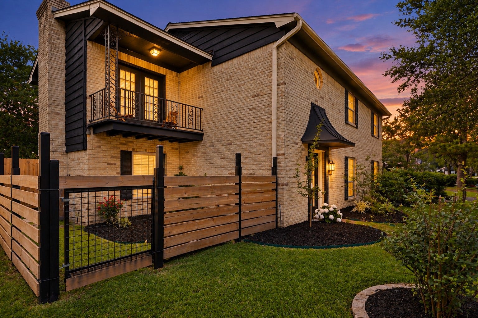 12574 Westerley Lane, Houston, TX 77077 Warmth at dawn:An upper-level covered balcony offers an inviting outdoor perch, with decorative ironwork, a leafy outlook, and the warm glow of evening.
