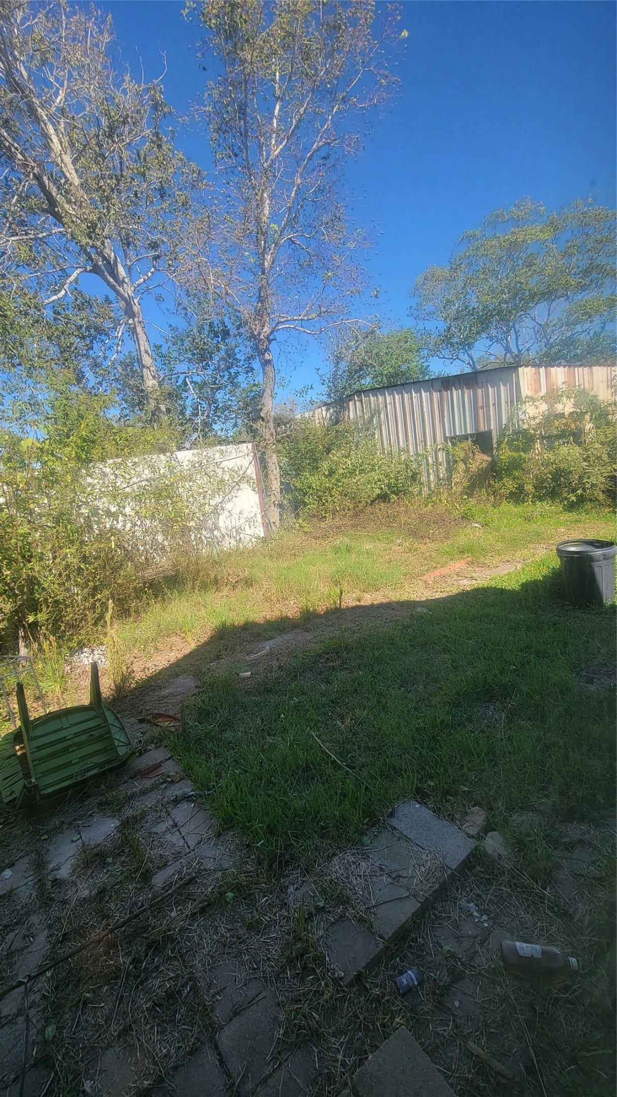 12018 Sandpiper Road, Angleton, TX 77515 This photo shows a backyard with a grassy area, some overgrown vegetation, and a few trees. There are pavers on the ground and a fallen outdoor chair. A metal fence is visible in the background, providing some privacy.