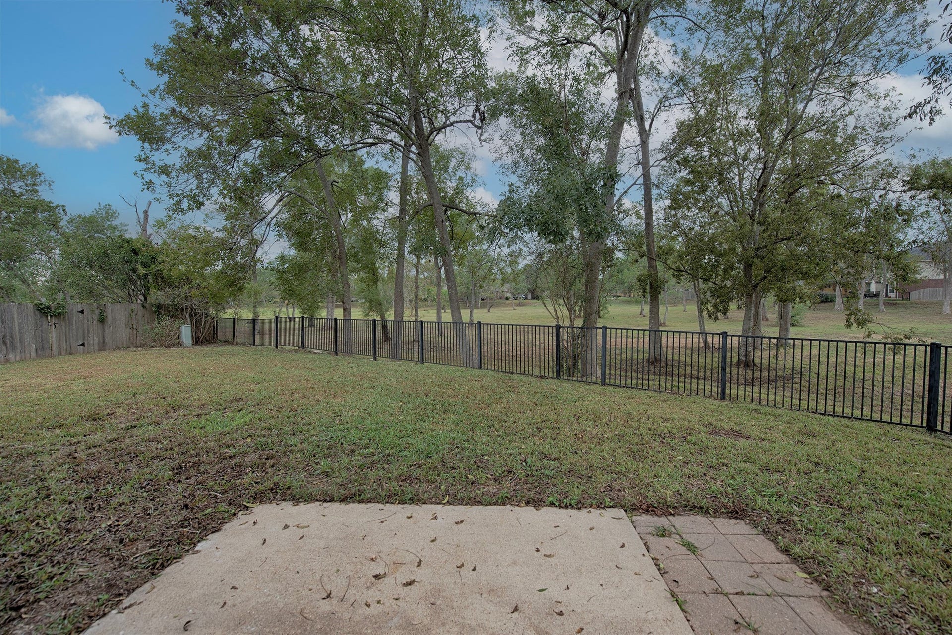 10411 Village Lake Drive, Missouri City, TX 77459 Out the back door is a patio and wrought iron gate to the HOA green scape along the side of the home. No back neighbors and great privacy.
