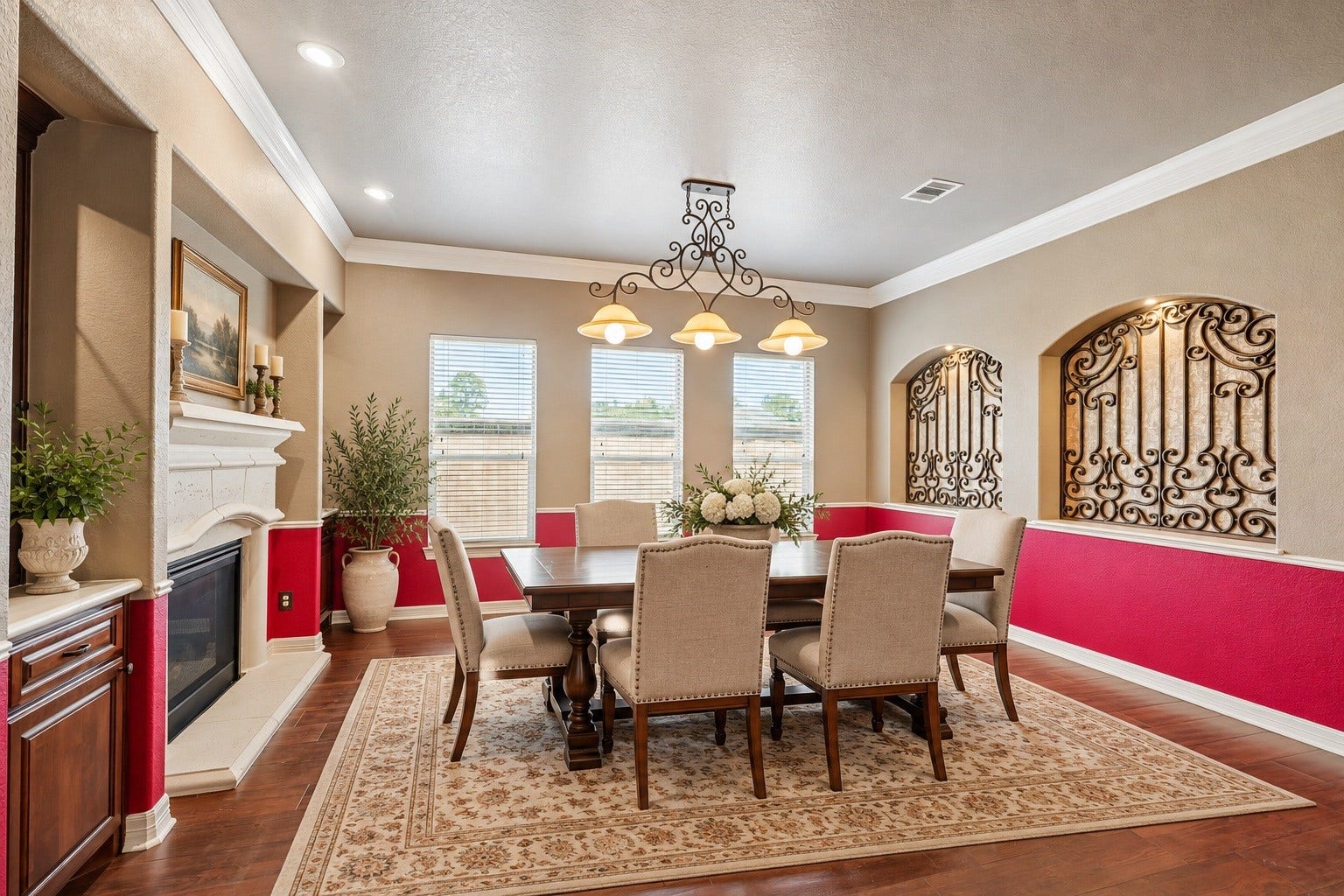 405 Old Orchard Drive, Dickinson, TX 77539 Virtually Staged.- The formal dining room shares the double sided fireplace