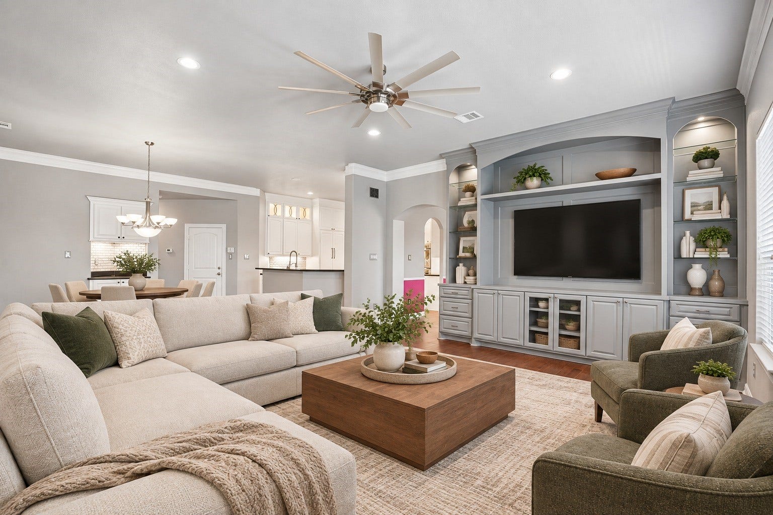 405 Old Orchard Drive, Dickinson, TX 77539 Virtually Staged. Living area-Furniture can be arranged several ways in here -have it face the beautiful built-ins or flip it toward the fireplace for a cozier feel or open it up and enjoy the best of both worlds.