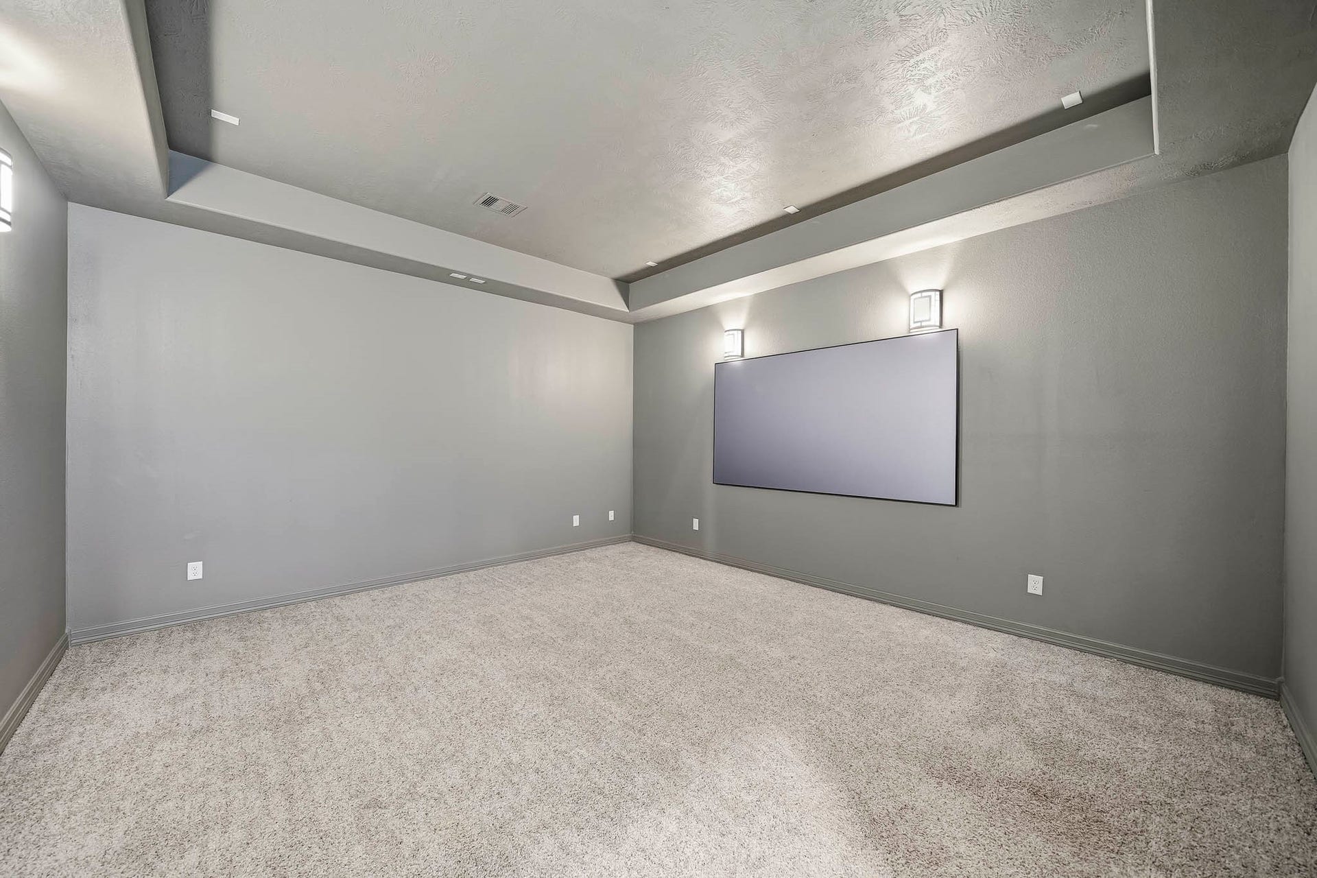 Mounted screen to stay, coffered ceilings.