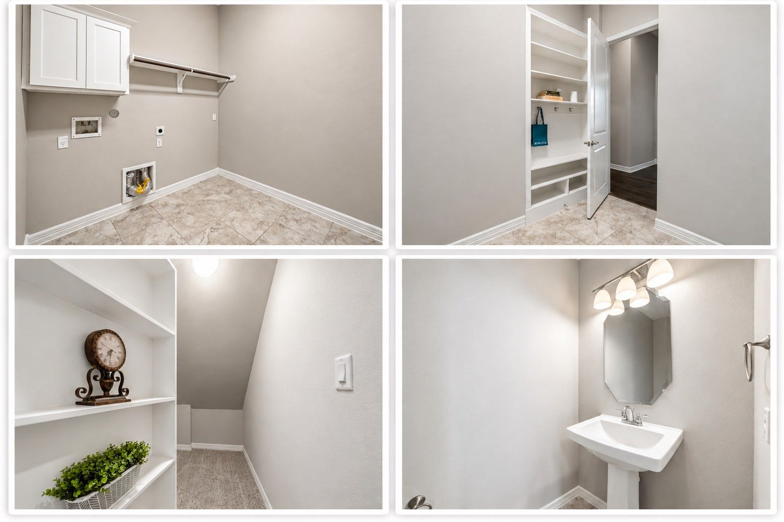 Large utility room with storage, and backpack rack. Hidden closet under the stairs.