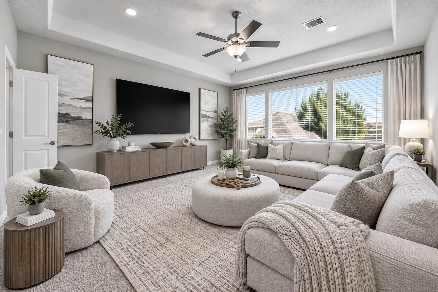 Upstairs Game room has coffered ceiling, fan and powder bath. (virtually staged picture)
