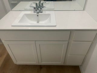 Sleek bathroom vanity with a modern sink and ample storage space.