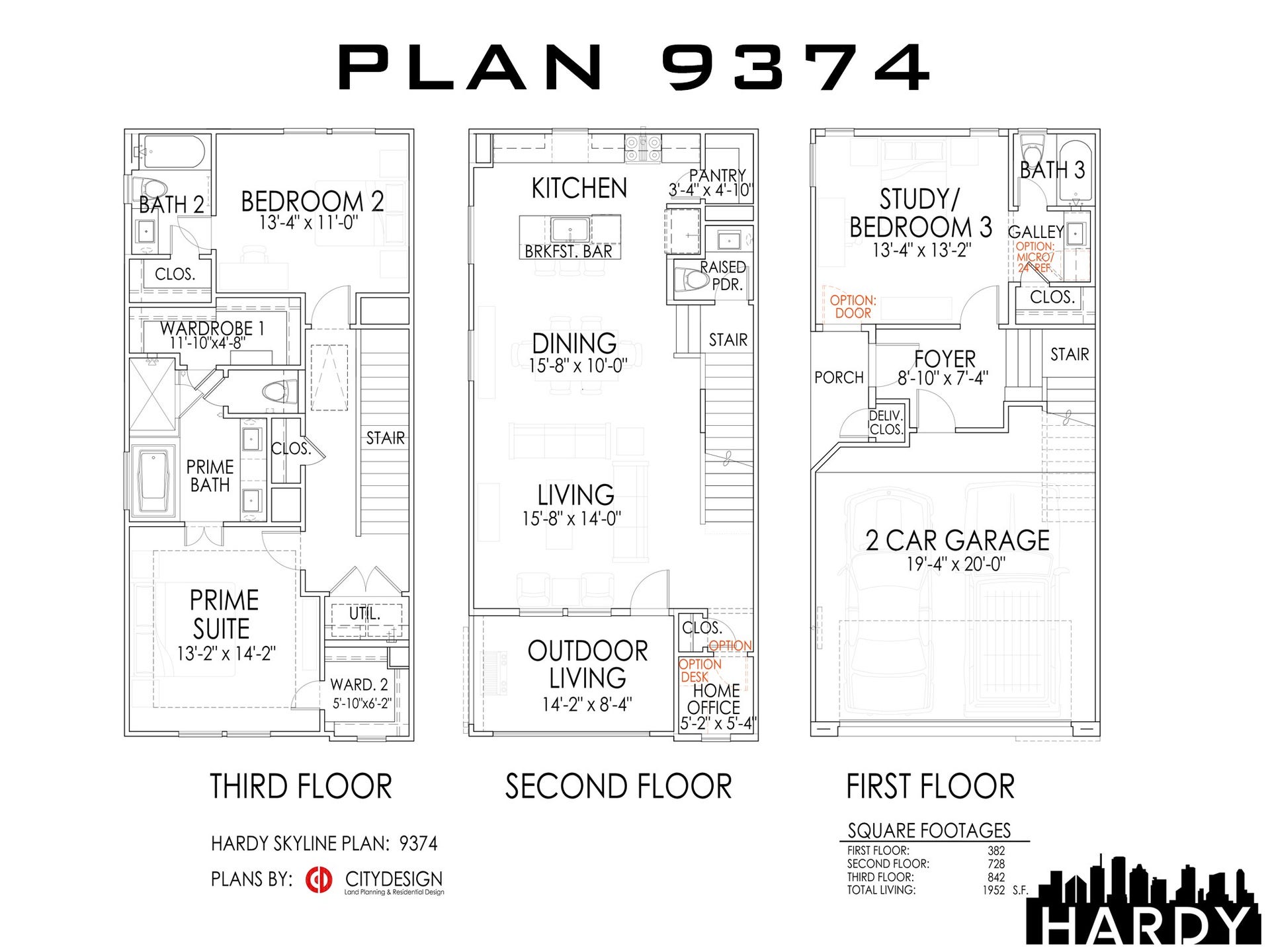 1804 Elysian Street, Houston, TX 77026 Plan 9374 offers a three-story layout with a spacious prime suite and additional bedroom on the third floor, a modern kitchen and open living area on the second floor, and a versatile study or third bedroom on the first floor. It features an outdoor living space and a two-car garage, perfect for comfortable and flexible living.
