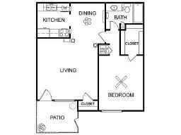 2250 Bering Drive, #40, Houston, TX 77057 Convenient one-bedroom, one-bathroom layout featuring an open living and dining area, kitchen, bedroom closet, and outdoor entry area.