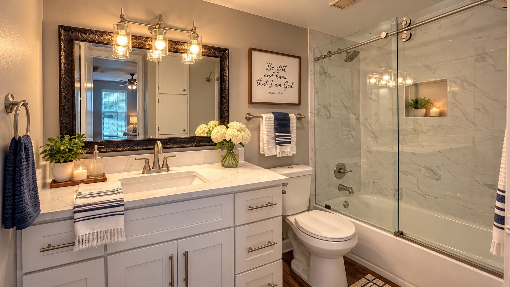 2250 Bering Drive, #40, Houston, TX 77057 Virtually Staged: Beautifully updated bathroom featuring a white vanity, contemporary lighting, marble-look tub surround, and sliding glass shower doors. Virtually staged with decorative accessories.