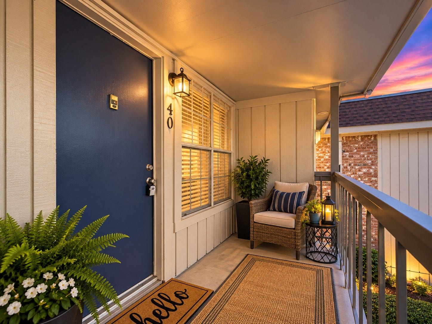 2250 Bering Drive, #40, Houston, TX 77057 Shared Balcony Twilight Enhanced: Welcoming second-floor entry with a covered, shared balcony overlooking the community surroundings. Twilight-enhanced photography highlights the inviting atmosphere.