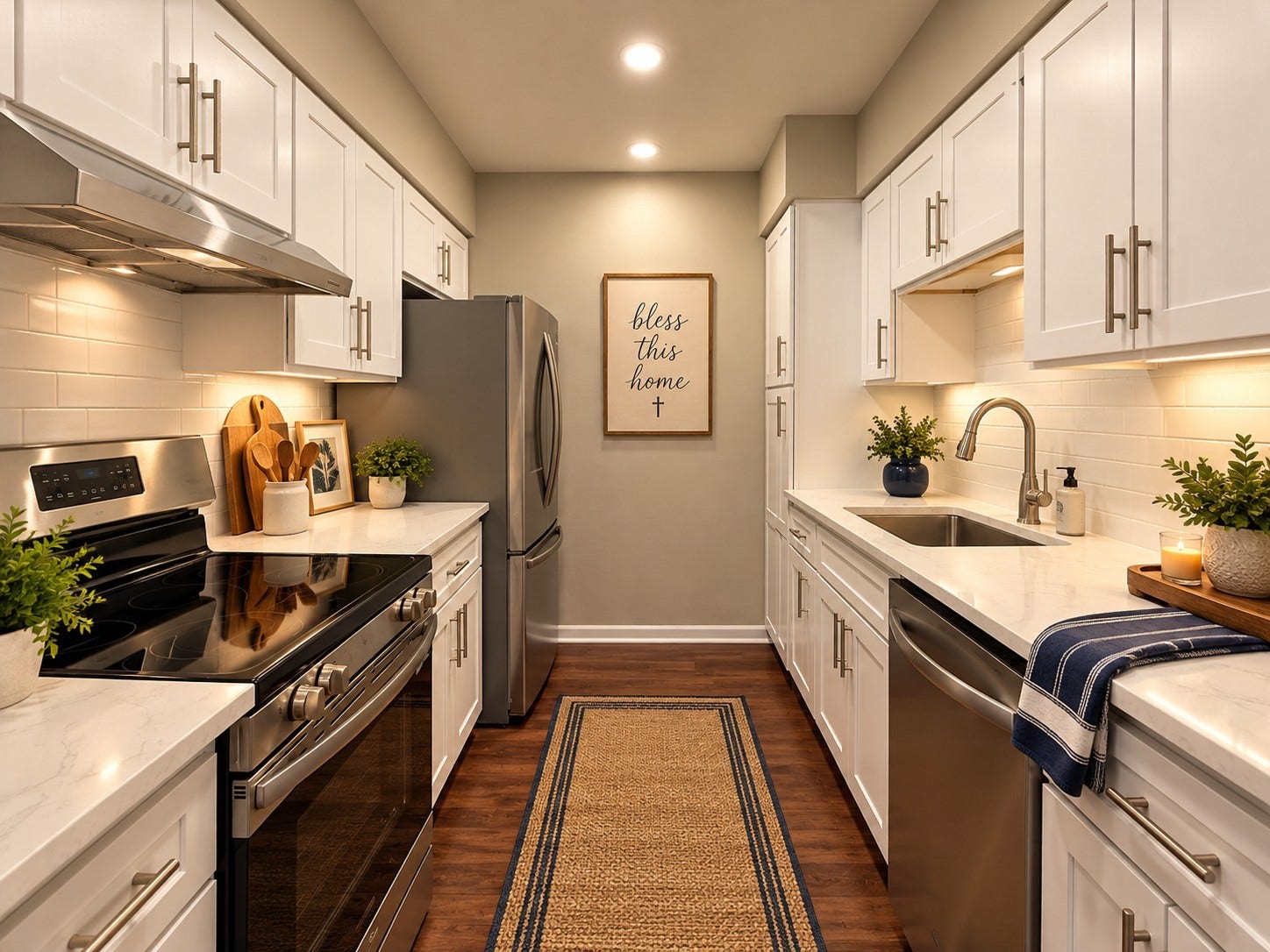 2250 Bering Drive, #40, Houston, TX 77057 Virtually Staged: Attractive galley kitchen featuring white shaker-style cabinetry, stainless steel appliances, subway tile backsplash, and generous countertop space. Virtually staged with decorative accessories.