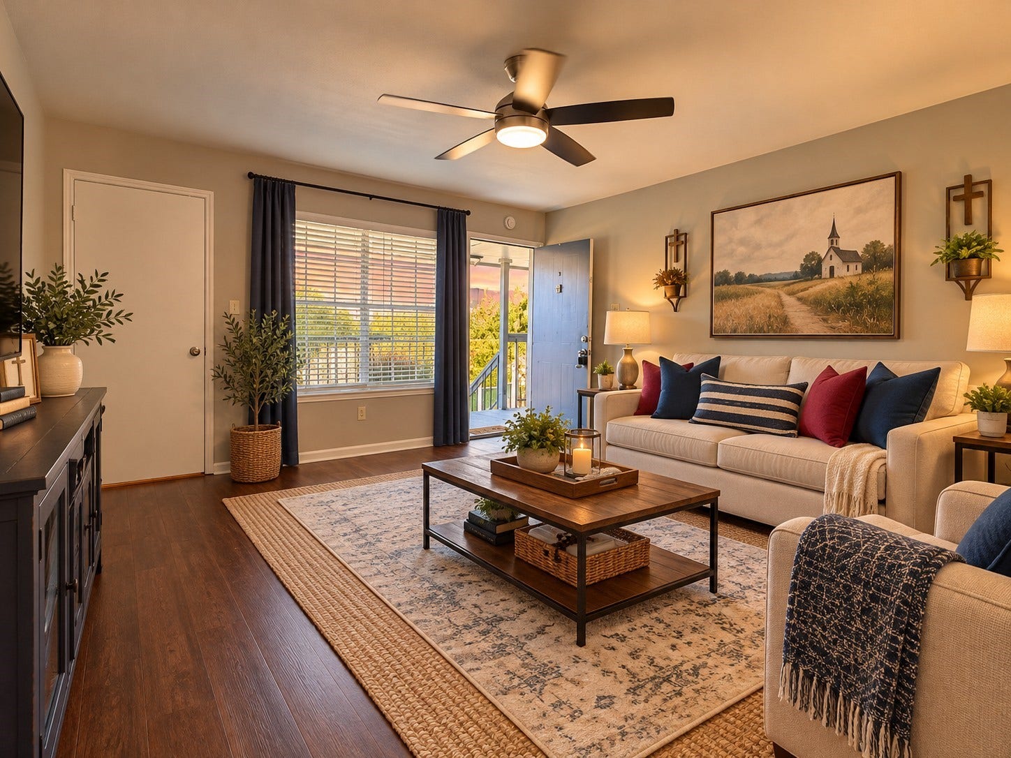2250 Bering Drive, #40, Houston, TX 77057 Virtually Staged: Spacious living area featuring vinyl plank flooring, a ceiling fan, and a large window providing natural light. Virtually staged to showcase comfortable seating and furniture arrangements.