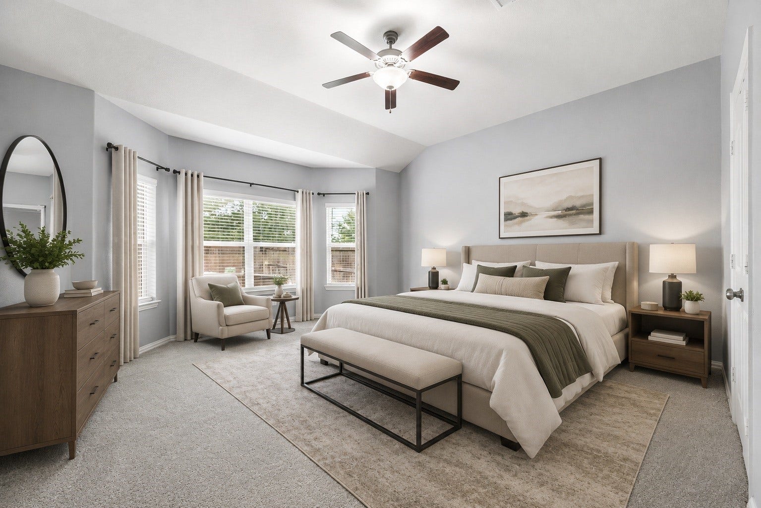 6418 Shadowbrook Hollow Trail, Katy, TX 77493 Tucked away on the main level for ultimate homeowner privacy, the serene primary bedroom retreat features a gorgeous multi-window bay alcove overlooking the grounds. Virtually staged.