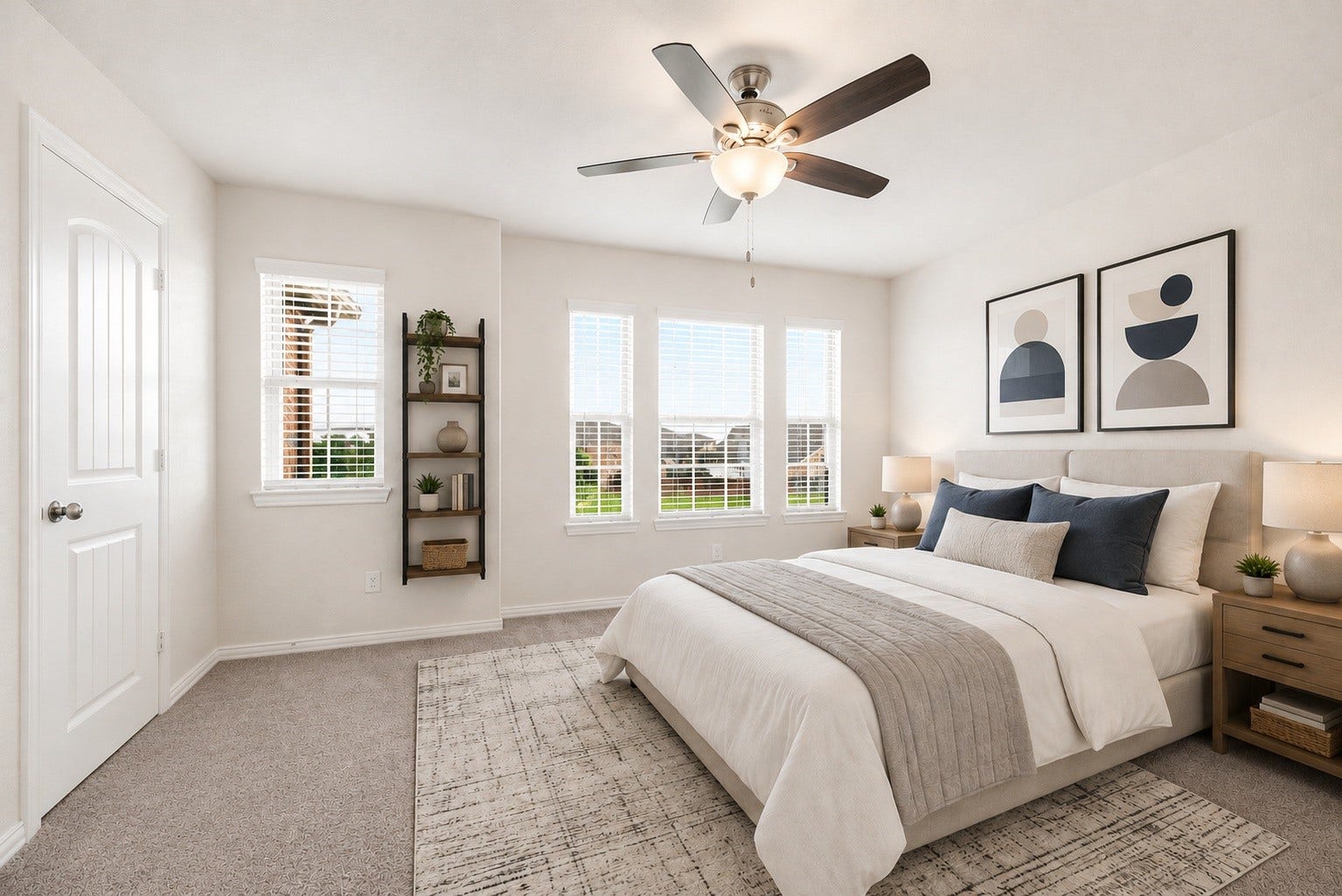6418 Shadowbrook Hollow Trail, Katy, TX 77493 Offering great versatility for family or guests, this bright auxiliary bedroom features soft wall paint, a modern wood-blade ceiling fan, and a wide window alcove overlooking the property. Virtually staged.