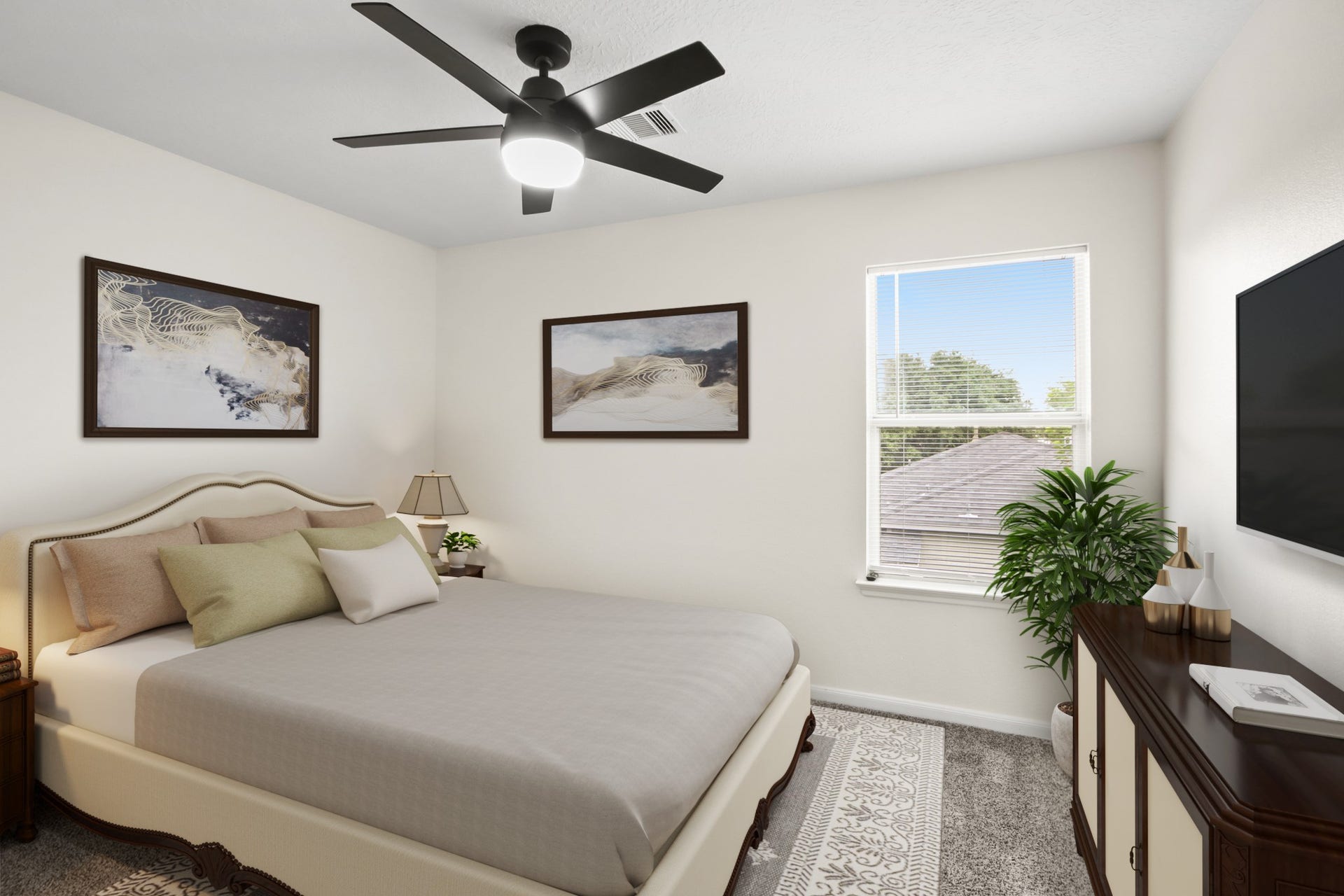 255 Silky Leaf Drive, Houston, TX 77073 Virtually Staged: Bright and airy secondary bedroom enhanced by carpet floors, a window with privacy blinds, and a ceiling fan.