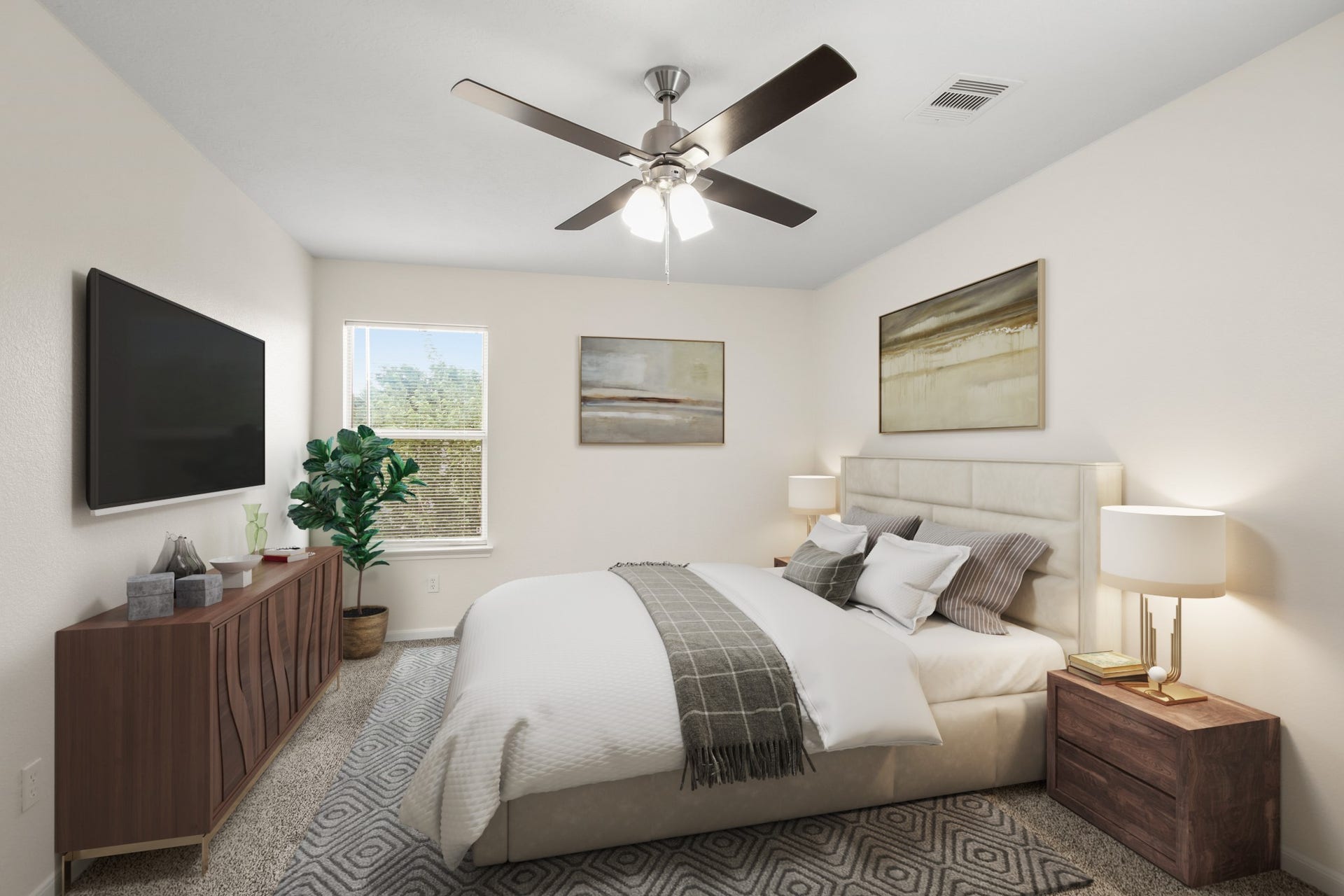 255 Silky Leaf Drive, Houston, TX 77073 Virtually Staged: This secondary bedroom features carpet floors, a ceiling fan, and a window with privacy blinds.
