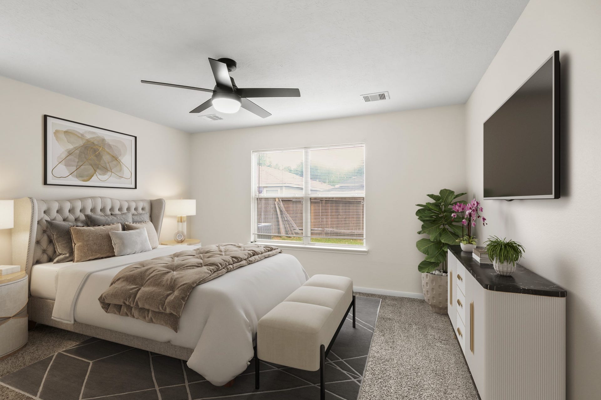 255 Silky Leaf Drive, Houston, TX 77073 Virtually Staged: Unwind after a long day in this spacious master bedroom featuring carpet floors, a ceiling fan, and an amazing view of your backyard thanks to the large windows with privacy blinds.
