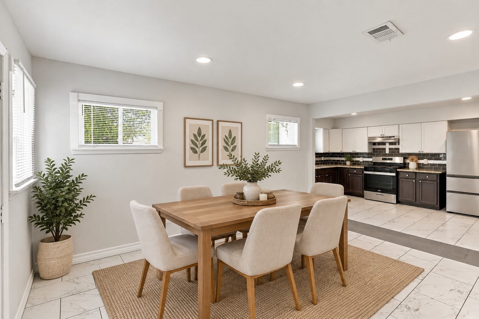 Now, isn't this a wonderful space for entertaining? The dining area opens beautifully to the kitchen, featuring granite countertops, rich dark cabinetry, a gas range, and plenty of workspace. With its bright windows and welcoming atmosphere, this open layout makes everyday living and hosting guests a pleasure! *Virtually Staged*